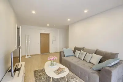 a living room with a couch and a table at Liepų Apartments in Druskininkai