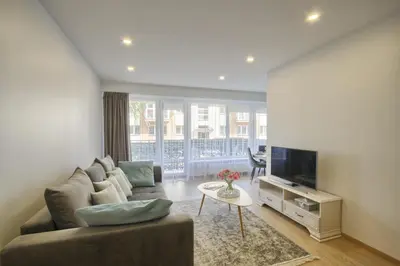 a living room with a couch and a tv at Liepų Apartments in Druskininkai