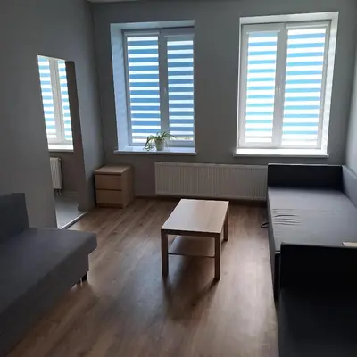 a living room with a couch and a coffee table at Žvejo krantas Palūšė in Palūšė