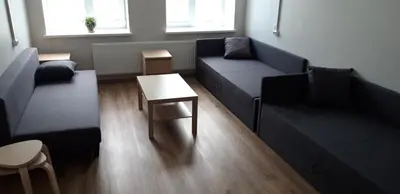 a living room with a couch and a table at Žvejo krantas Palūšė in Palūšė