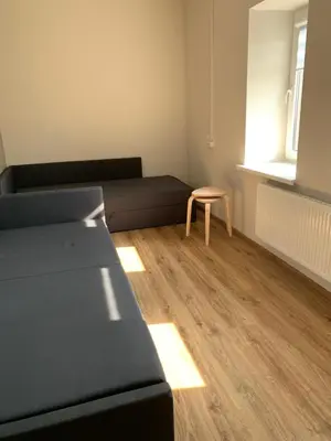 a room with a bed and a chair in it at Žvejo krantas Palūšė in Palūšė