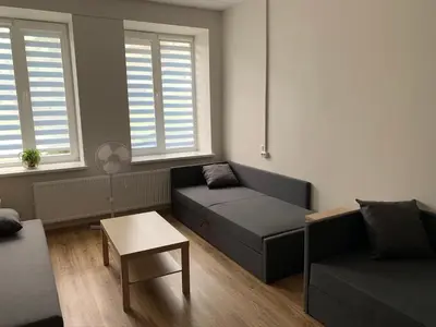 a living room with a couch and a table at Žvejo krantas Palūšė in Palūšė