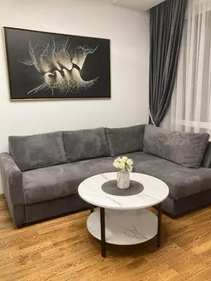 a living room with a couch and a table at Editos Apartamentai in Vilnius