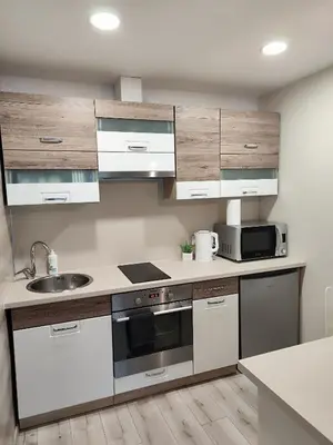 a kitchen with stainless steel appliances and wooden cabinets at Monica Apartments in Panevėžys