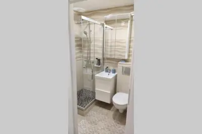 a bathroom with a toilet and a sink at Butas miesto centre/ Apartment in the city center in Šiauliai
