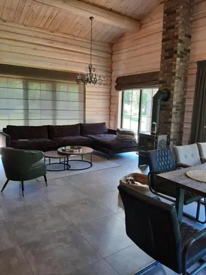 a living room with a couch and a fireplace at Vila Saulė in Sudeikiai