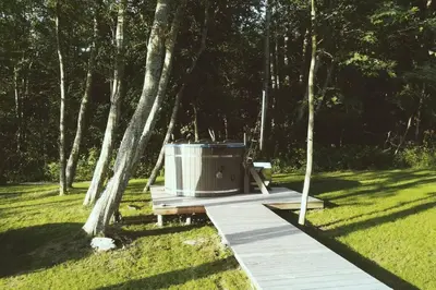 a hot tub sitting on a bench next to a tree at Mėnulės pirtelė in Sudeikiai
