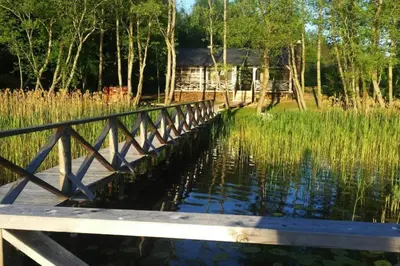 a bridge over a pond with a house in the background at Mėnulės pirtelė in Sudeikiai
