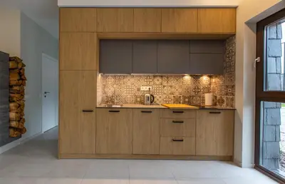 a kitchen with wooden cabinets and a sink at Don Vyto in Druskininkai