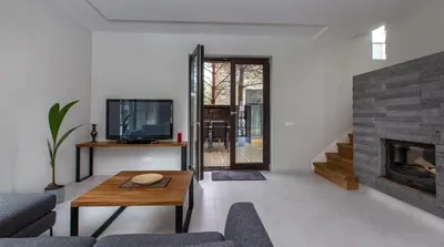 a living room with a fireplace and a tv at Don Vyto in Druskininkai