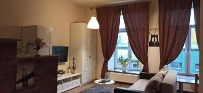 a living room with a couch and a fireplace at Studio flat in a historical XIX c. building. in Kaunas