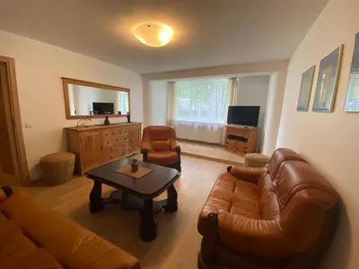 a living room with a couch and a table at Butas Senamiestyje in Druskininkai