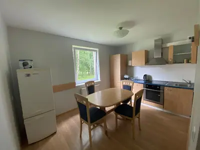 a kitchen with a table and chairs and a refrigerator at Butas Senamiestyje in Druskininkai