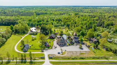an aerial view of a mansion in the middle of a forest at Meškių dvarkiemis in Šiauliai