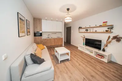 a living room with a couch and a kitchen at Modern Apartment Next to Kaunas Castle in Kaunas