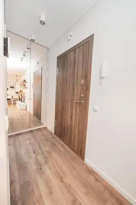 an empty room with a wooden door and a mirror at Modern Apartment Next to Kaunas Castle in Kaunas