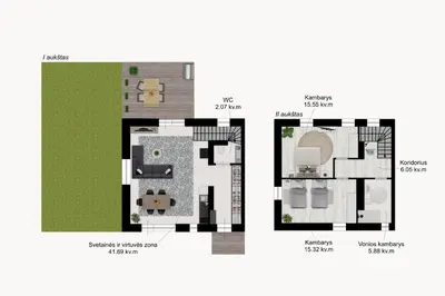 a floor plan of a villa with a garden at Pine Home in Druskininkai