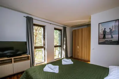 a bedroom with a green bed and a television at Pine Home in Druskininkai