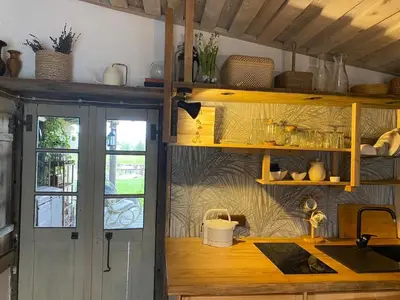 a kitchen with a sink and a counter with a window at Vienkiemio Oazė - Namelis Prie Šermukšnio in Galvokai