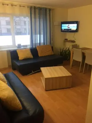 a living room with a black couch and a table at Kęstučio 74 in Kaunas