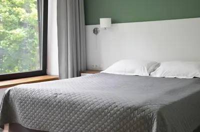 a bedroom with a large bed with a window at Tip Tap Guest House in Druskininkai