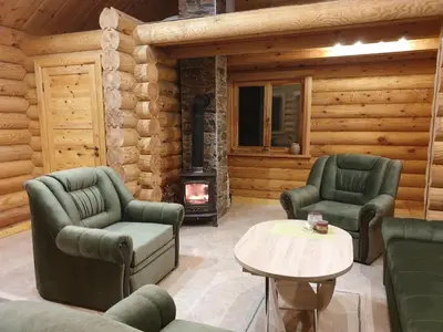 a living room with two chairs and a fireplace at Pušų Šlamesy in Vilnius