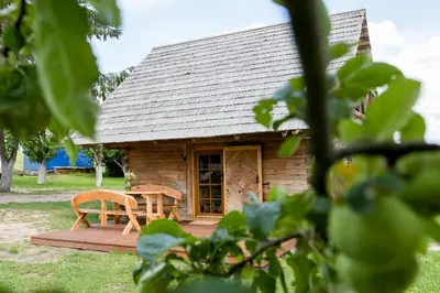 a small wooden cabin with a table and a chair at ETNO house in Ricieliai