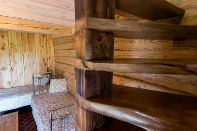 a room with wooden walls and a wooden shelf in a cabin at ETNO house in Ricieliai