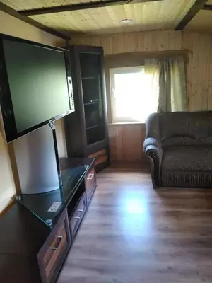 a living room with a couch and a flat screen tv at Kaimo turizmo sodyba Stromelė in Baltriškės