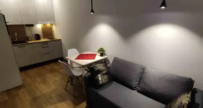 a living room with a couch and a small table at Ozas Green Apartment in Vilnius