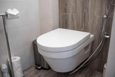 a bathroom with a white toilet in a room at E.D. Luxury Apartaments in Šiauliai