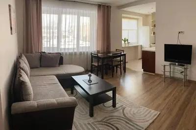 a living room with a couch and a table at Apartamentai Draugystes Street in Šiauliai