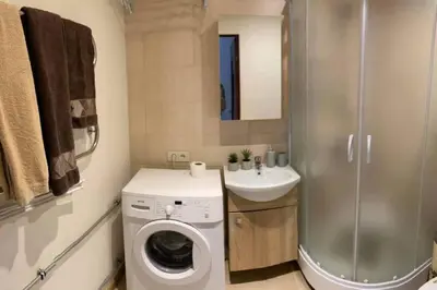 a small bathroom with a washing machine and a sink at Apartamentai Draugystes Street in Šiauliai