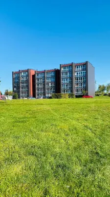 a large building in front of a field of grass at Green & White Apartament in Anykščiai