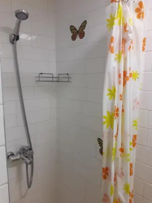 a bathroom with a shower curtain with butterflies on it at Small room with a private external bathroom in Kaunas