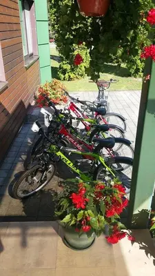 a group of bikes parked next to a building with flowers at ORO Dubingiai in Giraičiai