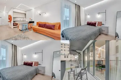 a collage of photos of a hotel room at HaPPy Inn G, Self check-in, Terrace, Underground Parking in Vilnius
