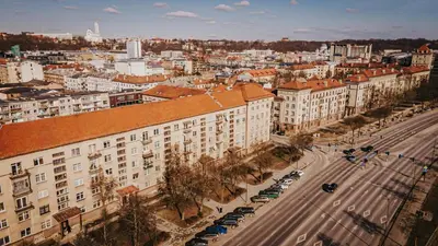 an aerial view of a city with buildings and a street at Cozy Apartment In Kaunas Center in Kaunas