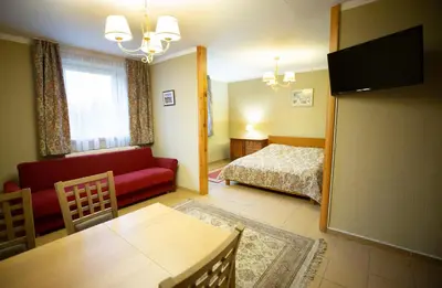 a living room with a bed and a couch at Taujėnų dvaro svečių namai in Towiany