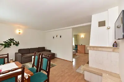 a living room with a couch and a fireplace at Augutės Zurlienės apartamentai in Trakai