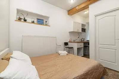 a small bedroom with a bed and a kitchen at St Anne studio in Vilnius