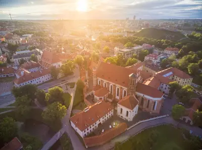 an aerial view of a university campus at sunset at St Anne studio in Vilnius
