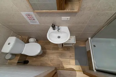 a bathroom with a sink and a toilet and a shower at St Anne studio in Vilnius