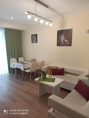 a living room with a couch and a table at Nelli apartamentai in Druskininkai