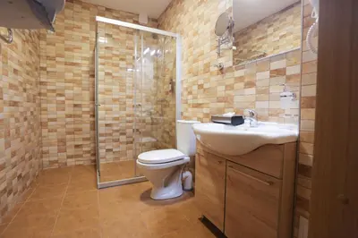 a bathroom with a toilet and a shower and a sink at Hotel Jonapolis in Jonava