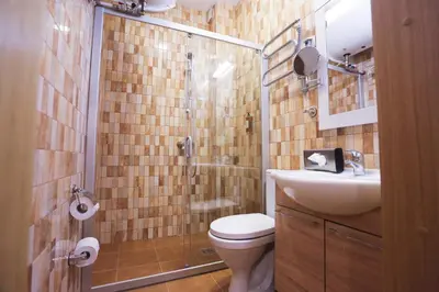 a bathroom with a shower and a toilet and a sink at Hotel Jonapolis in Jonava