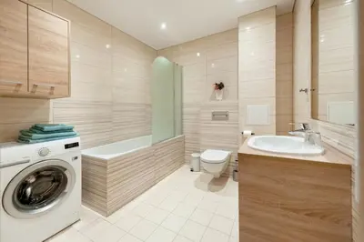 a bathroom with a washing machine and a washer at Eva R Apartments in Druskininkai