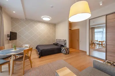 a living room with a bed and a dining room at Eva R Apartments in Druskininkai