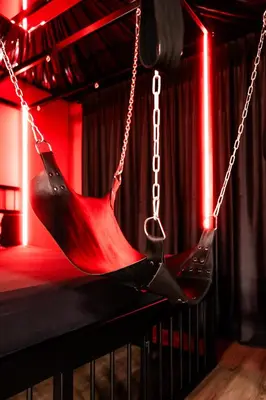 a swing in a room with red lights at BDSM Red Apartments in Vilnius