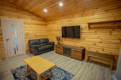 a living room with a couch and a flat screen tv at Vastapo Vilos in Kaniūkai